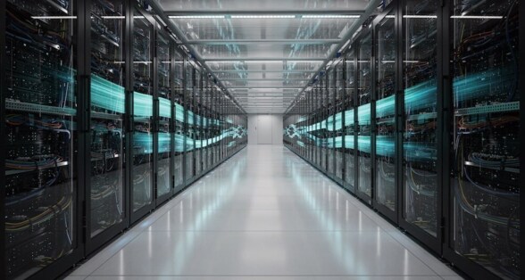 Innenansicht eines modernen Rechenzentrums mit symmetrisch angeordneten Serverracks und visualisiertem Kaltgang-Luftstrom. Die Aufnahme zeigt eine energieeffiziente Infrastruktur mit optimierter Kühlung und strukturierter Verkabelung | Friess Technik